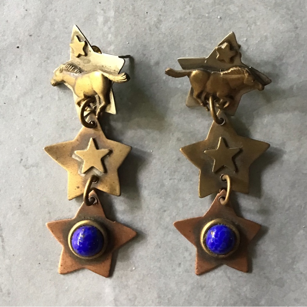 Gold-tone and Lapis Star Dangle Earrings